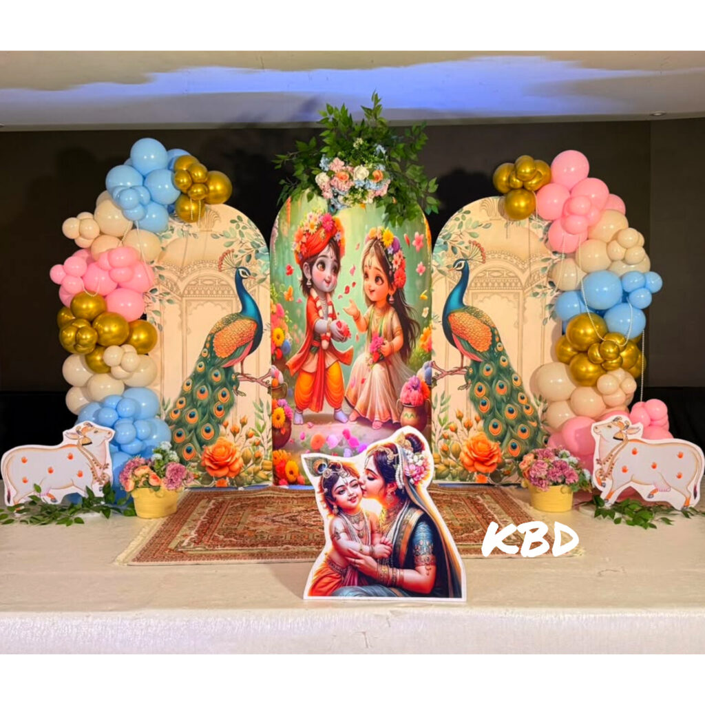 Little Krishna theme baby shower decoration in Kolkata Bal Krishna theme balloon decor with peacock feathers by KBD Laddu Gopal theme baby shower stage decoration Howrah Janmashtami style baby shower decoration for mom-to-be Traditional Krishna theme Godh Bharai decoration Kolkata Blue and yellow Krishna theme balloon backdrop in Howrah Baby shower decoration with Krishna matki and flute props Makhan Chor theme baby shower balloon decoration by KBD Premium Bal Krishna theme floral and balloon decor Kolkata Creative Little Krishna backdrop for baby shower ceremony