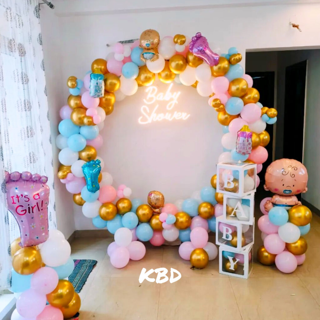 Light Pink & Sky Blue Balloon Decoration at Home in Kolkata